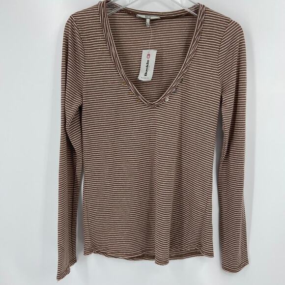 BKE Buckle V-Neck Knit Shirt Brown Cream Stripe Top Women's Size XS - Picture 9 of 14